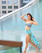 Sizzling Aahana Kumra Legs in a Blue Printed Bikini With Floral Sarong Photos 03