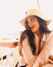 Sunny Actress Kayadu Lohar in a White Sheer Ruffle Blouse and Straw Hat Photos 03