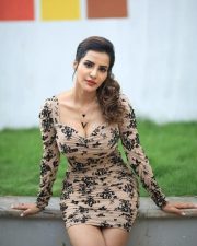 Actress Ashu Reddy Glam in a Beige Floral Printed Mini Bodycon Dress with Black Boots Photos 02
