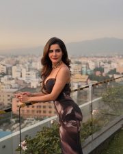 Beautiful Ashu Reddy in a Black Bustier Top with a Black and Brown Floral Printed Midi Skirt Photos 06