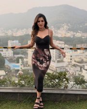 Beautiful Ashu Reddy in a Black Bustier Top with a Black and Brown Floral Printed Midi Skirt Photos 08