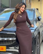 Desirable Ashu Reddy in a Brown Long Sleeved Bodycon Maxi Dress Pictures 03