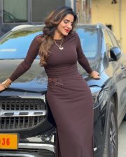 Desirable Ashu Reddy in a Brown Long Sleeved Bodycon Maxi Dress Pictures 03