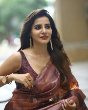 Glamorous Ashu Reddy in a Brown Floral Saree with a Sleeveless Blouse Photos 01