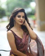 Glamorous Ashu Reddy in a Brown Floral Saree with a Sleeveless Blouse Photos 03