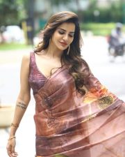 Glamorous Ashu Reddy in a Brown Floral Saree with a Sleeveless Blouse Photos 04