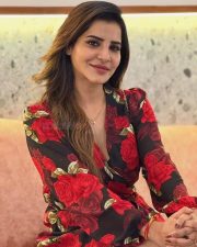 Jr Samantha Ashu Reddy Sexy in a Red Rose Floral Mini Dress with a Deep Plunging Neck Photos 03