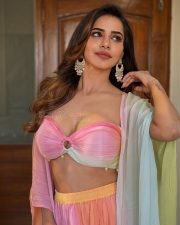 Sexy Ashu Reddy in a Light Pink Yellow Blue Strapless Crop Top Bralette with a Center Ring and Flowing Maxi Skirt with a Long Sleeved Shrug Photos 06 Sexy Ashu Reddy in a Light Pink Yellow Blue Strapless Crop Top Bralette with a Center Ring and Flowing Maxi Skirt with a Long Sleeved Shrug Photos 06