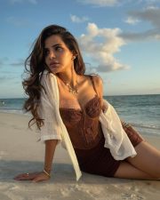 Sizzling Ashu Reddy in a Brown Corset Dress and White Shrug Photos 01