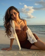 Sizzling Ashu Reddy in a Brown Corset Dress and White Shrug Photos 02