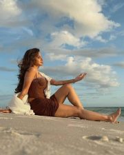 Sizzling Ashu Reddy in a Brown Corset Dress and White Shrug Photos 03