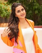 Beautiful Tejasswi Prakash in a White Dress and Orange Blazer Photoshoot Pictures 06