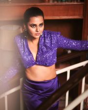 Bold Tejasswi Prakash in a Purple Sequined Shimmering Crop Top with a Satin Thigh Slit Skirt Photos 01