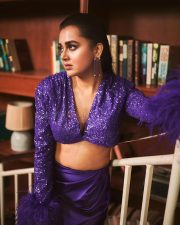 Bold Tejasswi Prakash in a Purple Sequined Shimmering Crop Top with a Satin Thigh Slit Skirt Photos 02