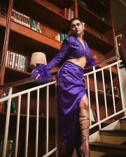 Bold Tejasswi Prakash in a Purple Sequined Shimmering Crop Top with a Satin Thigh Slit Skirt Photos 03