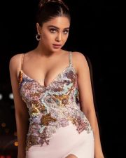 Gorgeous Sharvari Wagh in a Floral Ivory White Thigh Slit Gown with a Plunging Cleavage Neckline Pictures 04