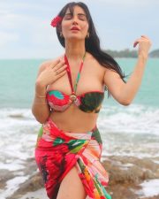 Hot Actress and Model Amy Aela in a Multi Colored Floral Printed Bikini Photos 01