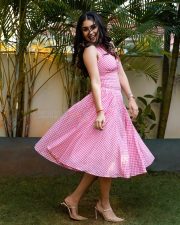 Sexy Actress Yukti Thareja in a Pink and White Gingham Halter Neck Midi Dress Photos 01
