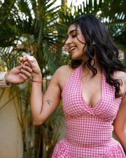Sexy Actress Yukti Thareja in a Pink and White Gingham Halter Neck Midi Dress Photos 03