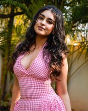 Sexy Actress Yukti Thareja in a Pink and White Gingham Halter Neck Midi Dress Photos 04