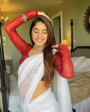 Sexy Yukti Thareja in a White Cotton Saree and Red Blouse Pictures 03