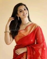 Actress Swathishta Krishnan in a Red Saree Photoshoot Stills 01