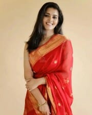 Actress Swathishta Krishnan in a Red Saree Photoshoot Stills 02