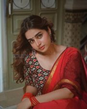 Captivating Actress Ayesha Khan in a Red silk saree and black ikat print blouse Photos 02 Captivating Actress Ayesha Khan in a Red silk saree and black ikat print blouse Photos 02