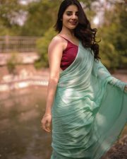 Enchanting Actress Kushitha Kallapu in a Teal Saree With Maroon Blouse Photos 03