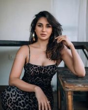 Gul Gule Bakawali Actress Nikita Dutta in a Black Leopard Print Slip Dress with Thin Spaghetti Straps Photos 03