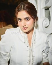 Manamey Heroine Ayesha Khan in a White Peplum Blazer Top and Long Fitted Skirt Photos 01