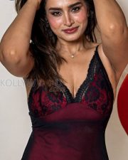 Sultry Ayesha Khan Cleavage in a Maroon Black Lace Slip Dress Photos 01