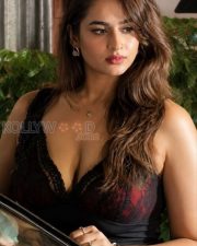 Sultry Ayesha Khan Cleavage in a Maroon Black Lace Slip Dress Photos 02