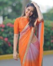 Tollywood Actress Kushitha Kallapu in a Orange Saree Photoshoot Pictures 05