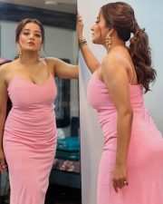 Bhojpuri Actress Asli Monalisa in a Pink Deep Neck Bodycon Dress Photos 02