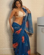 Desirable Kate Sharma in a Royal Blue Floral Saree with a White Halter Neck Bralette with Thin Straps Pictures 09