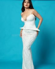 Desirable Shehnaaz Gill Cleavage in a White Peplum Corset Top Photos 05