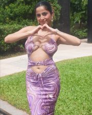 Erotic Voluptuous Kate Sharma in a Purple and White Marble Print Cutout Midi Dress Photos 07