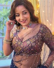 Glamorous Actress Asli Monalisa in a Navy pearl embellished sheer saree Photos 01