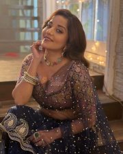 Glamorous Actress Asli Monalisa in a Navy pearl embellished sheer saree Photos 02