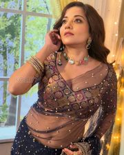 Glamorous Actress Asli Monalisa in a Navy pearl embellished sheer saree Photos 03