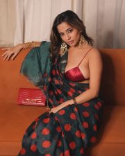 Glamorous Kate Sharma Cleavage in a maroon crop top and patterned saree Photos 07