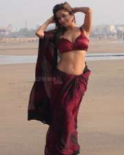 Hot Kate Sharma in a Maroon Saree with Matching Sleeveless Blouse Photos 05