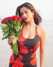Hot Kate Sharma in a Rose Printed Black Sleeveless Midi Dress Photos 02