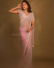 Kumaara Sambavam Actress Payal Radhakrishna in a Sheer Pink Saree with a Sleeveless Embroidered Blouse Photos 05