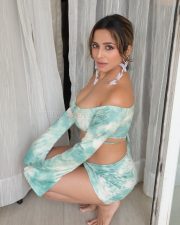 Provocative Kate Sharma in a Light Blue and White Off Shoulder Long Sleeved Crop Top with a Matching High Waisted Bodycon Mini Skirt Photos 04