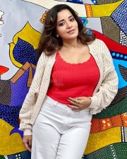 Sexy Monalisa in a Low Neck Red Sleeveless Top with White Jacket and Denim Photos 02