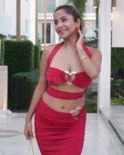 Steamy Kate Sharma in a Two Piece Red Halter Neck Crop Top with a Heart Ring Detail and Ruched Maxi Skirt Pictures 02