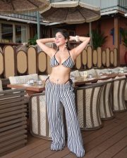 Striking Actress Kate Sharma in a Black White Striped Bikini Top and Wide Leg Pants Photos 02