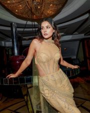 Stunning Shehnaaz Gill in a Golden Halter Neck Mesh Gown Photos 02